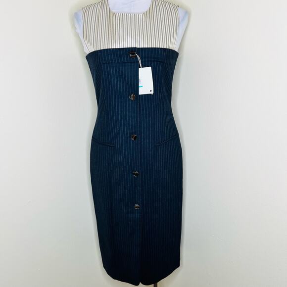 Erika Cavallini Sheath Shirt Dress 8 Pinstriped Button Front Midi Navy Wool New - Picture 1 of 12